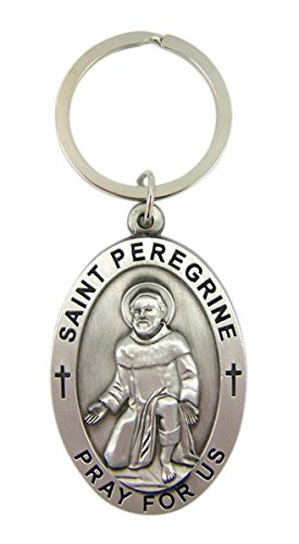 Pewter Patron Saint Peregrine Pray for Us Oval Pendant Key Chain 2 14 Inch