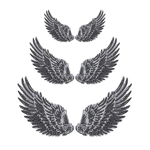 Calculs 3 Pair Sequin Patches Angel Wings Iron On Patches DIY Sequined Applique Wings Multi-Sized Black