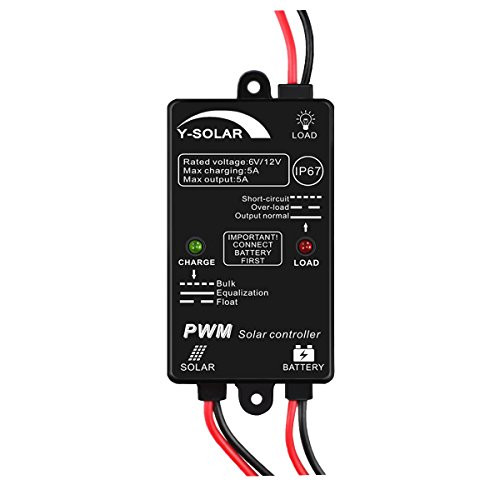 Solar Charge Controller Waterproof, Y-SOLAR 5A Solar Panel Controller 6V/12V Auto 24Hours Load on IP67 Waterproof Solar Controller for Lead-acid Battery Charging and Discharging Control