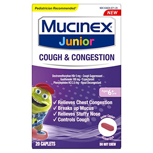 Nasal Decongestant Cough Suppressant  and  Expectorant Mucinex Junior Cough  and  Congestion Caplets 20ct Ages 6 years Thins  and  Loosens Mucus  and  Relieves Chest Congestion Cough  and  Stuffy Nose by Mucinex