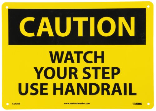 NMC C643RB OSHA Sign Legend CAUTION - WATCH YOUR STEP USE HANDRAIL 14 Length x 10 Height Rigid Plastic Black on Yellow