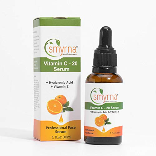 Smyrna Vitamin C Serum for Your Face Pure Vitamin C 20% Plus Vegan Hyaluronic Acid Vitamin E Amino Complex Organic Jojoba Oil and more Anti-Aging Liquid Facial Serum 1 fl_ oz_