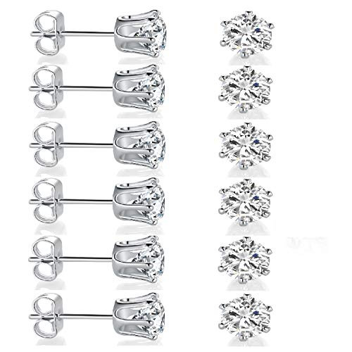 14K White Gold Plated 8_0mm Round Clear Cubic Zirconia Stud Earring Pack of 6 Pairs 6 Pairs