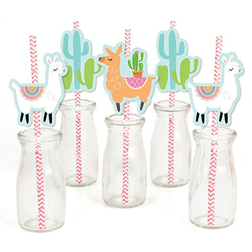 Whole Llama Fun - Paper Straw Decor - Llama Fiesta Baby Shower or Birthday Party Striped Decorative Straws - Set of 24