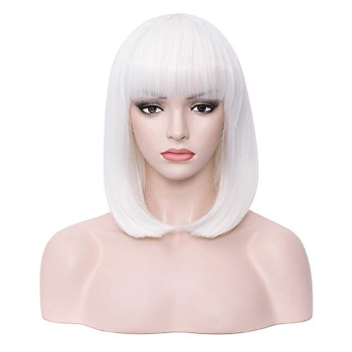 BERON 14 Womens Straight Bob Wig Women Wigs with Bangs Synthetic Party Halloween Wigs White BERON 14 Womens Straight Bob Wig Women Wigs with Bangs Synthetic Party Halloween Wigs White