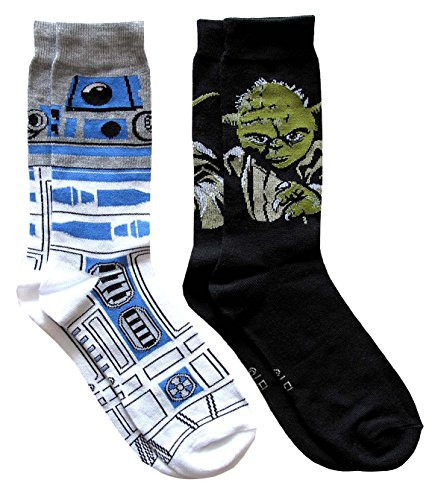 Hyp Star Wars R2-D2 Pattern and Yoda Mens Crew Socks 2 Pair Pack Shoe Size 6-12
