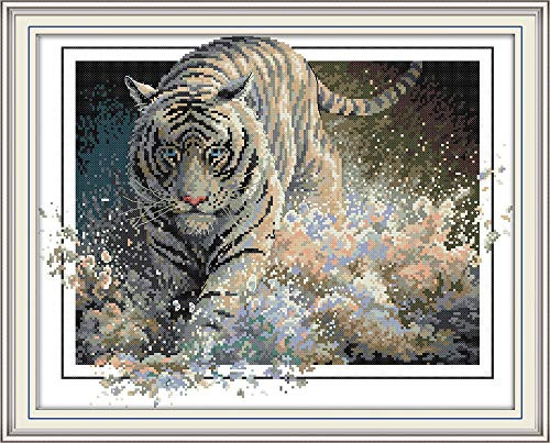 CaptainCrafts New Stamped Cross Stitch Kits Preprinted Pattern Counted Embroidery Starter Kits for Beginner Kids and Adults - Tiger Stamped 14CT