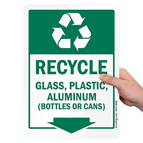 SmartSign - S2-0373-PL-10x14-RRRecycle - Glass Plastic Aluminum Sign with Down Arrow 10 x 14 Plastic