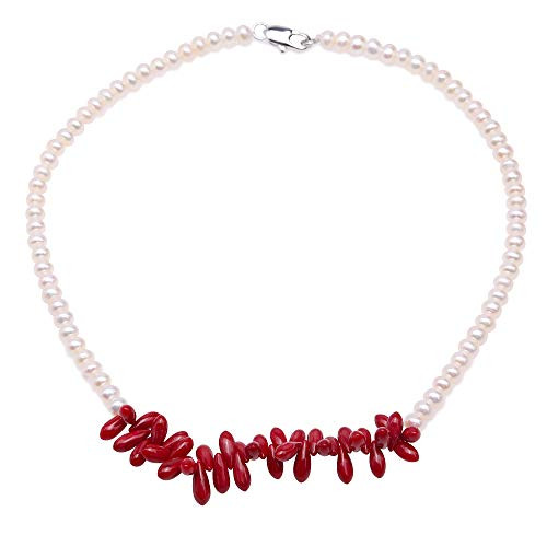 JYX Pearl Necklace Single-strand Handmade 5-5_5mm Flatly Round White Freshwater Cultured Pearl Necklace with Red Coral for Women 16 JYX Pearl Necklace Single-strand Handmade 5-5_5mm Flatly Round White Freshwater Cultured Pearl Necklace with Red Coral for Women 16