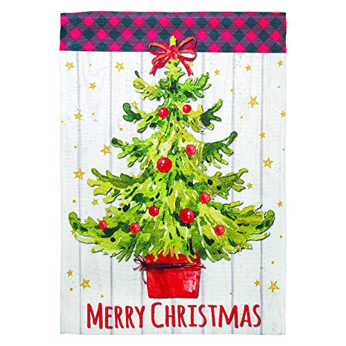 Magnolia Garden Merry Christmas Tree Checkered 13 x 18 Small Double Applique Outdoor Holiday House Flag
