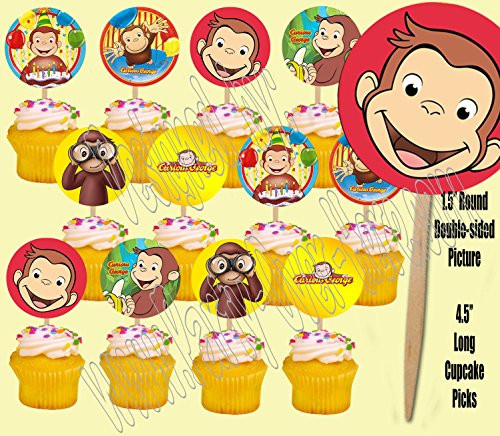 Curious George Monkey Double-Sided Cupcake Picks Cake Toppers -12 pcs