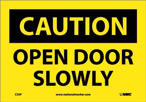 NMC C55P OSHA Sign CAUTION OPEN DOOR SLOWLY 10 Width x 7 Height Pressure Sensitive Vinyl Black On Yellow