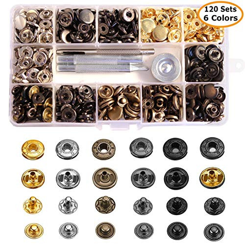 120 Sets Snap Fastener Kit Button Tool, MSDADA Leather Snap Buttons Press Studs with 6PCS Clothing Snaps Kit Fixing Tools, Metal Snaps for Clothing Leather Craft Bracelet Jeans Wear Jacket Bags Belt