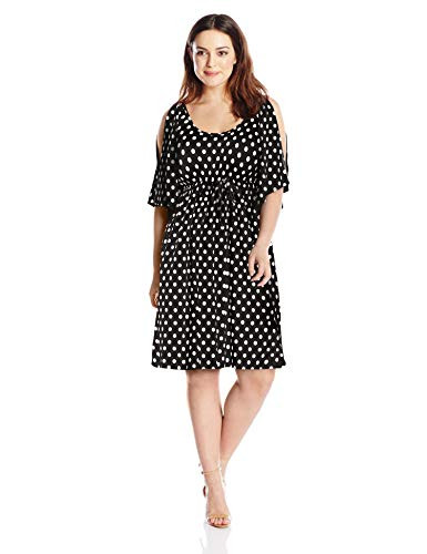 Star Vixen Womens Plus-Size Slit Flutter Sleeve Empire Drawstring Waist Dress BlackWhite Dot 1X