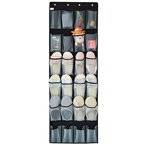 UHM Over The Door Shoe OrganizerShoes Hanger Storage Closet Organizer Clear Hanging Shoe Bag Slipper Rack H Older with 24 Large Fabric Pockets Black