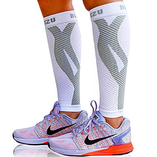BLITZU Calf Compression Sleeves For Women  and  Men Leg Compression Socks for Runners Shin Splint Recovery from Injury  and  Pain Relief Great for Running Maternity Travel Nurses White S-M
