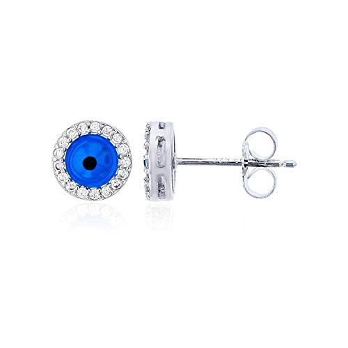 Sterling Silver 925 Pave 8mm Blue Evil Eye Cubic Zirconia Stud Earrings jewish jewelry for women
