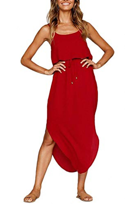 OURS Womens Casual Adjustable Spaghetti Straps Sleeveless Beach Sundress Split Evening Long Midi Dress Red S