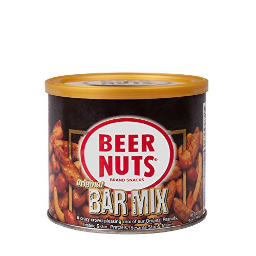 BEER NUTS Original Bar Mix - 9oz Resealable Can Pretzels Cheese Sticks Sesame Sticks Roasted Corn Nuts and Original Peanuts