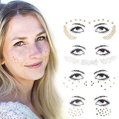 Qingsi 4 pcs Face Jewel Stickers tattoo Metallic Shiny Temporary Water Transfer Tattoo for Mardi Gras Party
