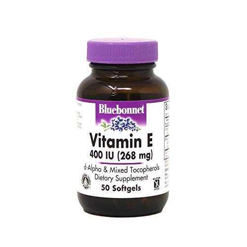 Bluebonnet Nutrition Vitamin E 400 IU 268 mg Mixed Tocopherols Softgels Free Radical Portection  and  Cardiovascular Support Gluten-Free Dairy-Free 50 Softgels 50 Servings