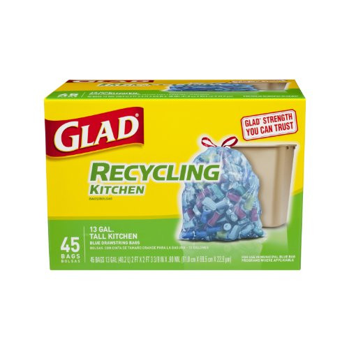 Glad Recycling Tall Kitchen Drawstring Trash Bags, Blue, 13 Gallon, 45 Count (Packaging May Vary)