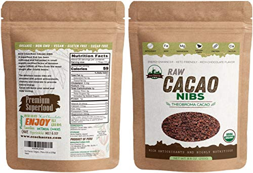 Eco Chacras Raw Cacao Nibs ! USDA Certified Organic ! 100% Natural and Pure ! Made from Peruvian Criollo variety Cacao Beans Keto-Friendly Gluten-Free Sugar-Free -8_8 oz 250g Eco Chacras Raw Cacao Nibs ! USDA Certified Organic ! 100% Natural and Pure ! Made from Peruvian Criollo variety Cacao Beans Keto-Friendly Gluten-Free Sugar-Free -8_8 oz 250g