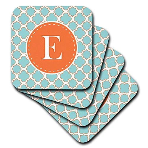 3dRose CST-210606-1 Letter E Monogram Orange and Blue Quatrefoil Pattern Soft Coasters Set of 4