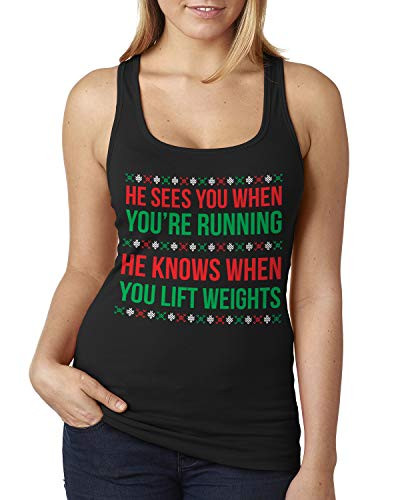 He Sees You When Youre Running Ladies Racerback Tank Top Small Black
