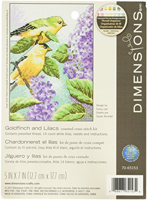 DIMENSIONS Goldfinch and Lilacs Counted Cross Stitch Kit 14 Count White Aida 5 x 7