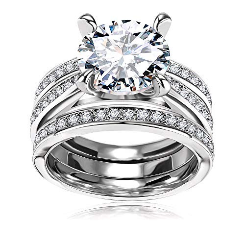 Round Cut CZ Bridal Set - 3 PCSSet Big Solitaire Cubic Zirconia Engagement Wedding Ring Set for Women with Band