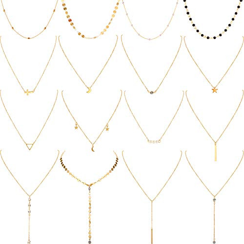 16 Pieces Layered Choker Necklace Adjustable Pendant Necklace Moon Sequins Choker Multilayer Chain Necklace Set for Women Girls Gold 16 Pieces Layered Choker Necklace Adjustable Pendant Necklace Moon Sequins Choker Multilayer Chain Necklace Set for Women Girls Gold