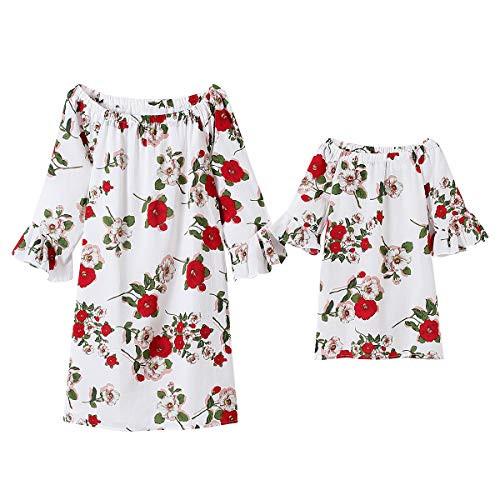 PopReal Mommy and Me Dresses Floral Printed 34 Sleeve Ruffle Animal Mother Daughter Matching Outfits White