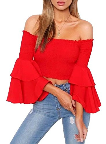 Arjungo Womens Off The Shoulder Tops Long Flared Sleeve Elastic Crop Tops Blouse Shirt