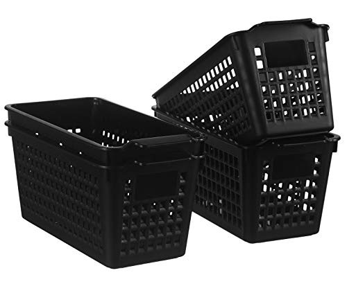 YXB Plastic Storage Basket - 4 Packs Small Plastic Storage Baskets Bins Slim Pencil Organizer Plastic Baskets Organizer Black for Office Home Kitchen Bathroom