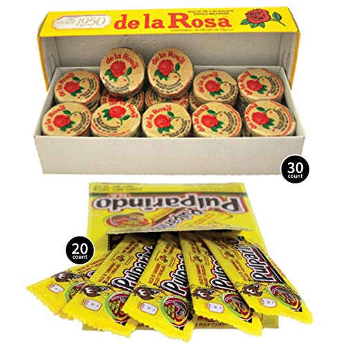 De La Rosa Marzipan Peanut Classic Mexican Candy 30 pieces and Dulce de Tamarindo Classic Pulparindo 20 pieces