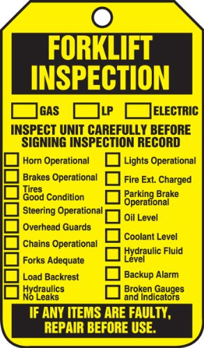 Accuform TRS305CTP Forklift Status Tag, Legend"FORKLIFT INSPECTION (CHECKLIST)/FORKLIFT INSPECTION RECORD", 5.75" Length x 3.25" Width x 0.010" Thickness, PF-Cardstock, Black on Yellow (Pack of 25)