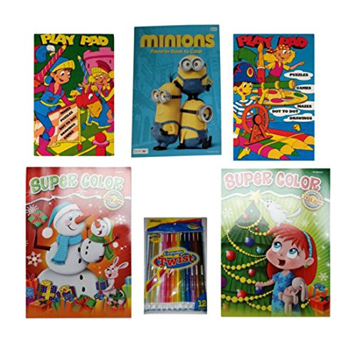Super Color Holiday Coloring Books 2-Pack SnowmanTree Minions Favorite Book to Color Early Learning Activity Book Two 16-Page Play Pad of Activities and 12-Count Twist Crayons 6-Piece Bundle