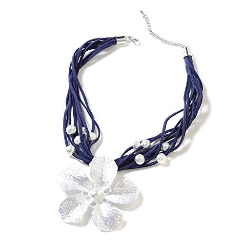 Shop LC Delivering Joy Multi Strand Faux Leather Navy Silvertone Station Jasmine Flower Necklace Pendant for Women Fashion Jewelry 18-20