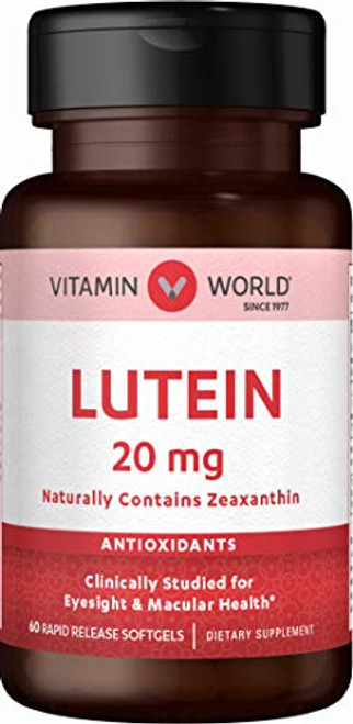 Vitamin World Lutein 20mg 60 Softgels Zeaxanthin Eye Antioxidant Macular Health Vision Support Rapid-Release Gluten Free