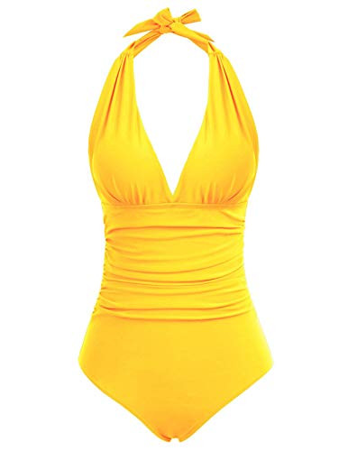 QPQ Women One-Piece Tummy Control High Waisted Swimsuits Halter Neck Backless Bathing Suits Swimwear Yellow S
