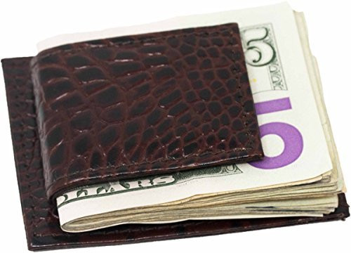Genuine Cowhide Brown Crocodile Print Leather Magnetic Dual Money Clip and Wallet