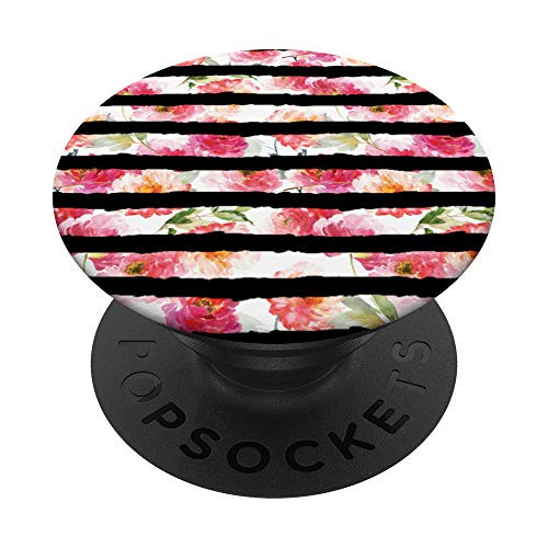Pink Floral Pattern Thick Black Stripes Cute Pink Lovers PopSockets Grip and Stand for Phones and Tablets