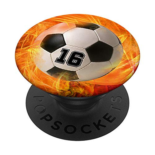 Soccer Number 16 Lucky Number Fire Flame - Soccer PopSockets PopGrip Swappable Grip for Phones  and  Tablets