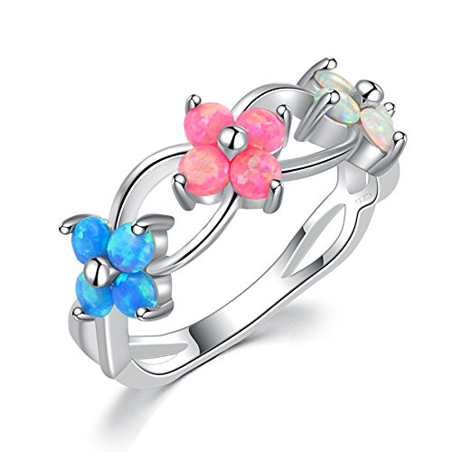 CiNily Flower Opal Ring-Blue Pink White Fire Opal Silver Plated Women Jewelry Gemstone Ring Size 5-11