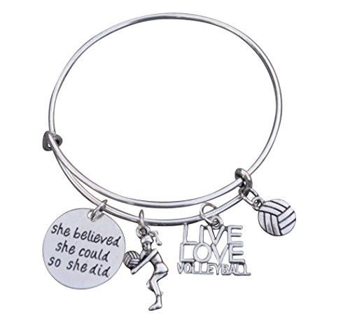 Volleyball Charm Bangle Bracelet- Volleyball She Believed She Could So She Did Inspirational Jewelry - Volleyball Gifts for Female Volleyball Players