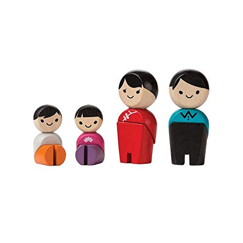 PlanToys Wooden 4 Piece Family Playset - Mom Dad Two Children 6265  Sustainably Made from Rubberwood and Non-Toxic Paints and Dyes