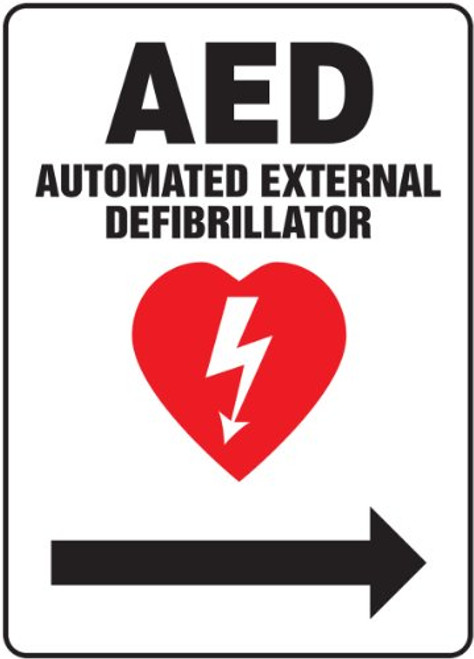 Accuform MFSD419VP Plastic Safety Sign LegendAED AUTOMATED External DEFIBRILLATOR Arrow Right with Graphic 14 x 10 RedBlack on White