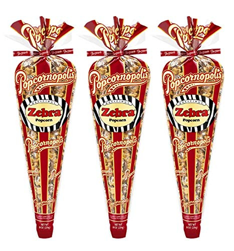 Popcornopolis Gourmet Popcorn - 3 Zebra Corn Cones - Small Storage Space Friendly  and  Great Stocking Stuffers! 8_1oz total