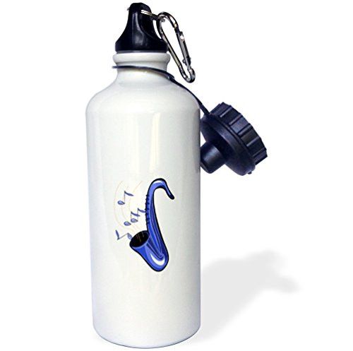 3dRose wb_164374_1 Sax Abstract Saxophone W Notes Blue Sports Water Bottle, 21 oz, White
